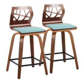 Folia 24" Mid-Century Modern Fixed-Height Counter Stool with Swivel in Walnut Wood and Teal Fabric with Square Black Metal Footrest by LumiSource - Set of 2 B202S00060