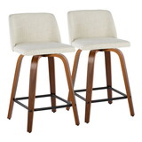 Toriano Mid-Century Modern Fixed-Height Counter Stool in Walnut Wood and Cream Fabric with Square Black Metal Footrest by LumiSource - Set of 2 B202S00108