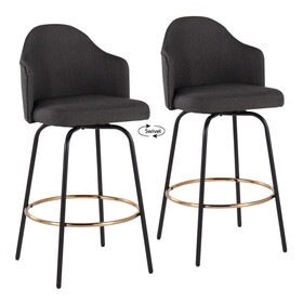 Ahoy Contemporary Fixed-Height Counter Stool with Black Metal Legs and Round Gold Metal Footrest with Charcoal Fabric Seat by LumiSource - Set of 2 B202S00147