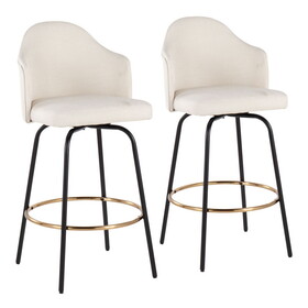 Ahoy Contemporary Fixed-Height Counter Stool with Black Metal Legs and Round Gold Metal Footrest with Cream Fabric Seat by LumiSource - Set of 2 B202S00148