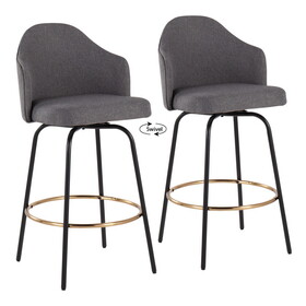 Ahoy Contemporary Fixed-Height Counter Stool with Black Metal Legs and Round Gold Metal Footrest with Grey Fabric Seat by LumiSource - Set of 2 B202S00149