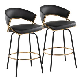 Jie 26" Fixed-Height Contemporary Counter Stool with Swivel in Gold Metal and Black Faux Leather with Black Metal Legs and Round Gold Metal Footrest by LumiSource - Set of 2 B202S00336