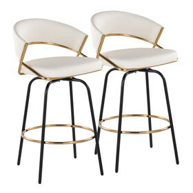 Jie 26" Fixed-Height Contemporary Counter Stool with Swivel in Gold Metal and White Faux Leather with Black Metal Legs and Round Gold Metal Footrest by LumiSource - Set of 2 B202S00337