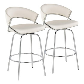 Jie 26" Fixed-Height Contemporary Counter Stool with Swivel in Chrome Metal and White Faux Leather with Chrome Metal Legs and Round Chrome Metal Footrest by LumiSource - Set of 2 B202S00339