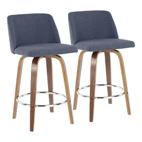 Toriano Mid-Century Modern Counter Stool in Walnut and Blue Fabric by LumiSource - Set of 2 B202S00384