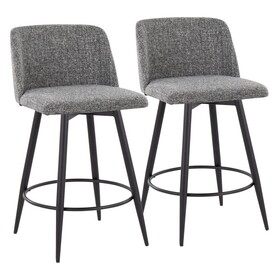 Toriano 26" Contemporary Fixed Height Counter Stool with Swivel in Grey Noise Fabric and Black Metal with Round Footrest by LumiSource - Set of 2 B202S00390