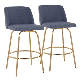 Toriano 26" Contemporary Fixed-Height Counter Stool with Swivel in Blue Fabric and Gold Metal with Round Footrest by LumiSource - Set of 2 B202S00392