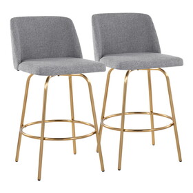 Toriano 26" Contemporary Fixed-Height Counter Stool with Swivel in Grey Fabric and Gold Metal with Round Footrest by LumiSource - Set of 2 B202S00394