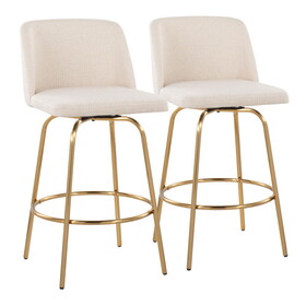 Toriano 26" Contemporary Fixed-Height Counter Stool with Swivel in Cream Noise Fabric and Gold Metal with Round Footrest by LumiSource - Set of 2 B202S00395