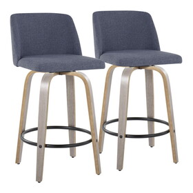 Toriano 26" Contemporary Fixed-Height Counter Stool with Swivel in Light Grey Wood and Blue Fabric with Round Black Metal Footrest by LumiSource - Set of 2 B202S00397