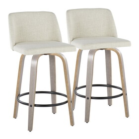 Toriano 26" Contemporary Fixed-Height Counter Stool with Swivel in Light Grey Wood and Cream Fabric with Round Black Metal Footrest by LumiSource - Set of 2 B202S00398