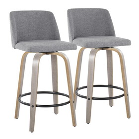 Toriano 26" Contemporary Fixed-Height Counter Stool with Swivel in Light Grey Wood and Grey Fabric with Round Black Metal Footrest by LumiSource - Set of 2 B202S00399