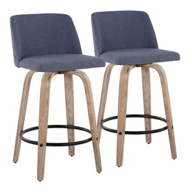 Toriano 26" Contemporary Fixed-Height Counter Stool with Swivel in Whitewashed Wood and Blue Fabric with Round Black Metal Footrest by LumiSource - Set of 2 B202S00400