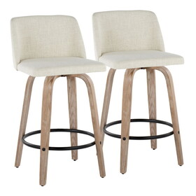 Toriano 26" Contemporary Fixed-Height Counter Stool with Swivel in Whitewashed Wood and Cream Fabric with Round Black Metal Footrest by LumiSource - Set of 2 B202S00401