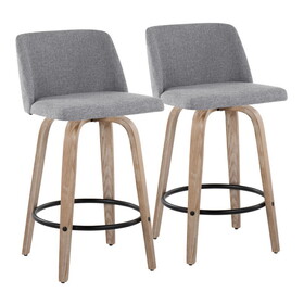 Toriano 26" Contemporary Fixed-Height Counter Stool with Swivel in Whitewashed Wood and Grey Fabric with Round Black Metal Footrest by LumiSource - Set of 2 B202S00402