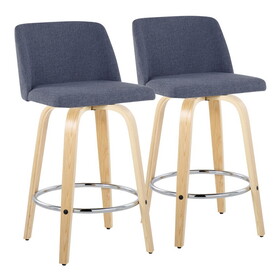 Toriano 26" Contemporary Fixed Height Counter Stool with Swivel in Natural Wood and Blue Fabric with Round Chrome Metal Footrest by LumiSource - Set of 2 B202S00404