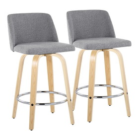 Toriano 26" Contemporary Fixed Height Counter Stool with Swivel in Natural Wood and Grey Fabric with Round Chrome Metal Footrest by LumiSource - Set of 2 B202S00406