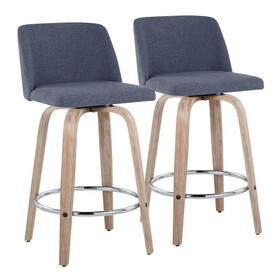 Toriano 26" Contemporary Fixed-Height Counter Stool with Swivel in Whitewashed Wood and Blue Fabric with Round Chrome Metal Footrest by LumiSource - Set of 2 B202S00407