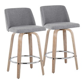 Toriano 26" Contemporary Fixed-Height Counter Stool with Swivel in Whitewashed Wood and Grey Fabric with Round Chrome Metal Footrest by LumiSource - Set of 2 B202S00408