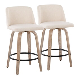 Toriano 26" Mid-Century Modern Fixed Height Counter Stool with Swivel in White-Washed Wood and Cream Noise Fabric with Round Black Metal Footrest by LumiSource - Set of 2 B202S00413