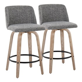 Toriano 26" Mid-Century Modern Fixed Height Counter Stool with Swivel in White-Washed Wood and Grey Noise Fabric with Round Black Metal Footrest by LumiSource - Set of 2 B202S00414