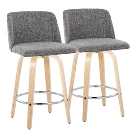 Toriano 26" Contemporary Fixed Height Counter Stool with Swivel in Natural Wood and Grey Noise Fabric with Round Chrome Metal Footrest by LumiSource - Set of 2 B202S00416