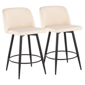 Toriano 26" Contemporary Fixed Height Counter Stool with Swivel in Cream Faux Leather and Black Metal with Round Footrest by LumiSource - Set of 2 B202S00417