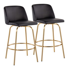 Toriano 26" Contemporary Fixed-Height Counter Stool with Swivel in Black Faux Leather and Gold Metal with Round Footrest by LumiSource - Set of 2 B202S00420