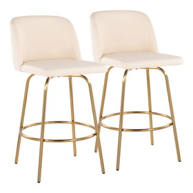 Toriano 26" Contemporary Fixed-Height Counter Stool with Swivel in Cream Faux Leather and Gold Metal with Round Footrest by LumiSource - Set of 2 B202S00421