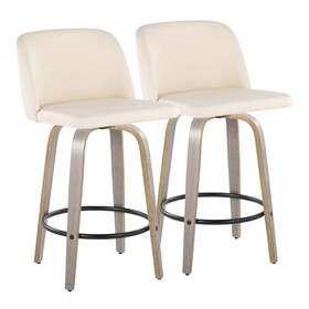 Toriano 26" Contemporary Fixed Height Counter Stool with Swivel in Light Grey Wood and Cream Faux Leather with Round Black Metal Footrest by LumiSource - Set of 2 B202S00425