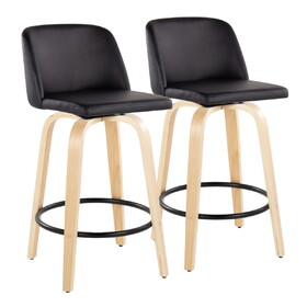 Toriano 26" Contemporary Modern Fixed Height Counter Stool with Swivel in Natural Wood and Black Faux Leather with Round Black Metal Footrest by LumiSource - Set of 2 B202S00427