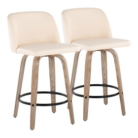 Toriano 26" Mid-Century Modern Fixed Height Counter Stool with Swivel in White-Washed Wood and Cream Faux Leather with Round Black Metal Footrest by LumiSource - Set of 2 B202S00429