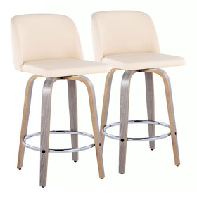 Toriano 26" Contemporary Fixed-Height Counter Stool with Swivel in Light Grey Wood and Cream Faux Leather with Round Chrome Metal Footrest by LumiSource - Set of 2 B202S00431