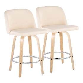 Toriano 26" Contemporary Fixed Height Counter Stool with Swivel in Natural Wood and Cream Faux Leather with Round Chrome Metal Footrest by LumiSource - Set of 2 B202S00433