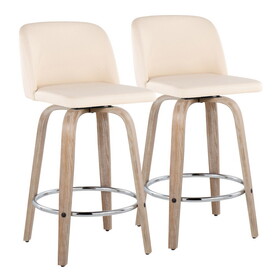 Toriano 26" Contemporary Fixed-Height Counter Stool with Swivel in Whitewashed Wood and Cream Faux Leather with Round Chrome Metal Footrest by LumiSource - Set of 2 B202S00436