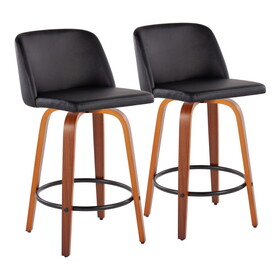 Toriano Mid-Century Modern Fixed-Height Counter Stool in Walnut Wood with Round Black Footrest and Black Faux Leather by LumiSource - Set of 2 B202S00438