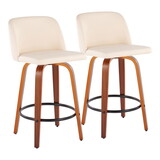 Toriano Mid-Century Modern Fixed-Height Counter Stool in Walnut Wood with Round Black Footrest and Cream Faux Leather by LumiSource - Set of 2 B202S00439