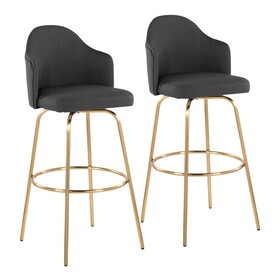 Ahoy Contemporary Fixed-Height Bar Stool with Gold Metal Legs and Round Gold Metal Footrest with Charcoal Fabric Seat by LumiSource - Set of 2 B202S00475