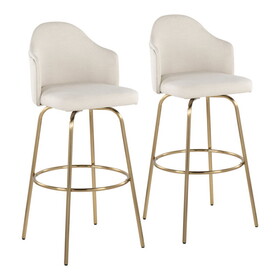 Ahoy Contemporary Fixed-Height Bar Stool with Gold Metal Legs and Round Gold Metal Footrest with Cream Fabric Seat by LumiSource - Set of 2 B202S00476