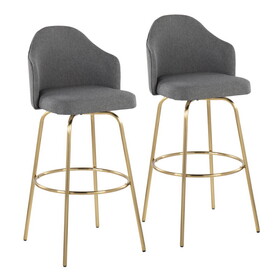 Ahoy Contemporary Fixed-Height Bar Stool with Gold Metal Legs and Round Gold Metal Footrest with Grey Fabric Seat by LumiSource - Set of 2 B202S00477