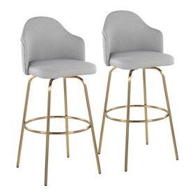 Ahoy Contemporary Fixed-Height Bar Stool with Gold Metal Legs and Round Gold Metal Footrest with Light Grey Fabric Seat by LumiSource - Set of 2 B202S00478