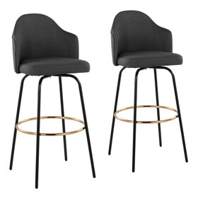 Ahoy Contemporary Fixed-Height Bar Stool with Black Metal Legs and Round Gold Metal Footrest with Charcoal Fabric Seat by LumiSource - Set of 2 B202S00479