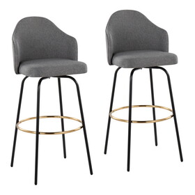 Ahoy Contemporary Fixed-Height Bar Stool with Black Metal Legs and Round Gold Metal Footrest with Grey Fabric Seat by LumiSource - Set of 2 B202S00481