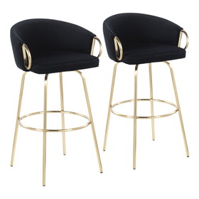 Claire Contemporary/Glam 30" Fixed-Height Bar Stool with Gold Metal Legs and Round Gold Metal Footrest with Black Velvet Seat and Gold Accents by LumiSource - Set of 2 B202S00503