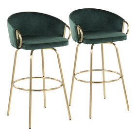 Claire Contemporary/Glam 30" Fixed-Height Bar Stool with Gold Metal Legs and Round Gold Metal Footrest with Green Velvet Seat and Gold Accents by LumiSource - Set of 2 B202S00504