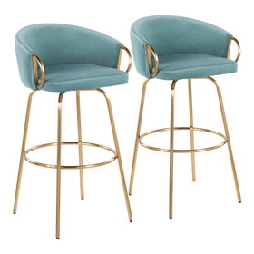 Claire Contemporary/Glam 30" Fixed-Height Bar Stool with Gold Metal Legs and Round Gold Metal Footrest with Light Blue Velvet Seat and Gold Accents by LumiSource - Set of 2 B202S00505