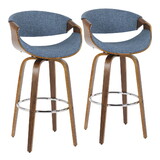 Curvini Mid-Century Modern Barstool in Walnut Wood and Blue Fabric by LumiSource - Set of 2 B202S00518