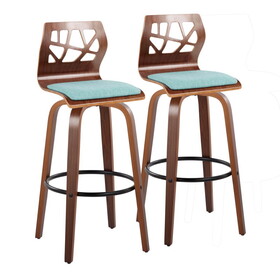 Folia 30" Mid-Century Modern Fixed-Height Barstool with Swivel in Walnut Wood and Teal Fabric with Round Black Metal Footrest by LumiSource - Set of 2 B202S00568