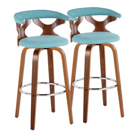 Gardenia 30" Mid-Century Modern Fixed-Height Barstool with Swivel in Walnut Wood and Teal Fabric with Round Chrome Metal Footrest by LumiSource - Set of 2 B202S00574