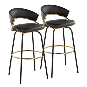 Jie 30" Fixed-Height Contemporary Barstool with Swivel in Gold Metal and Black Faux Leather with Black Metal Legs and Round Gold Metal Footrest by LumiSource - Set of 2 B202S00608